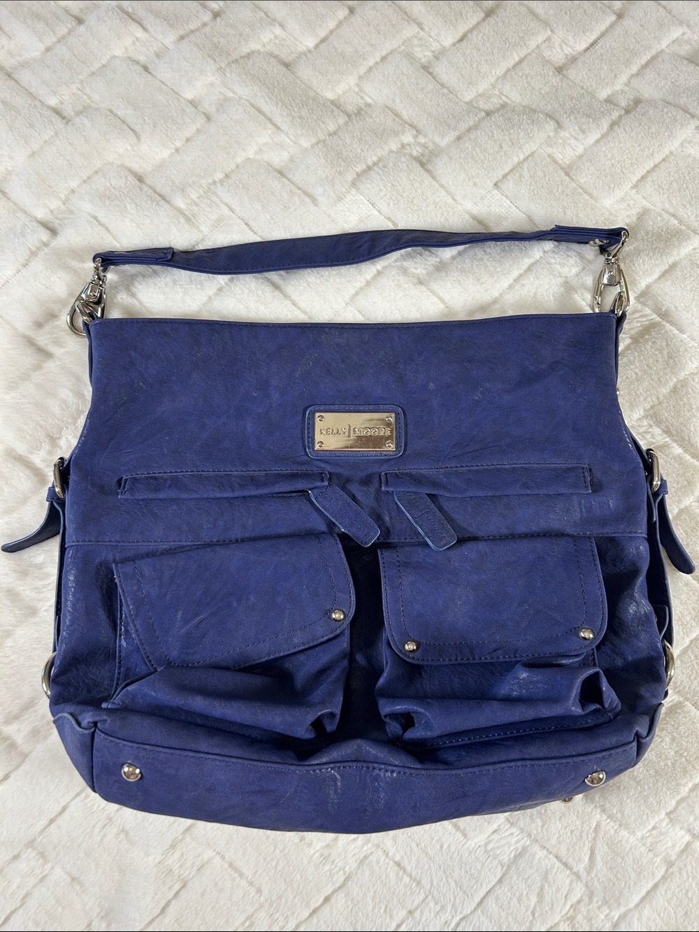 Kelly Moore Navy Blue Leather Shoulder/Camera Bag with Front Pockets 15 x 13 x 4